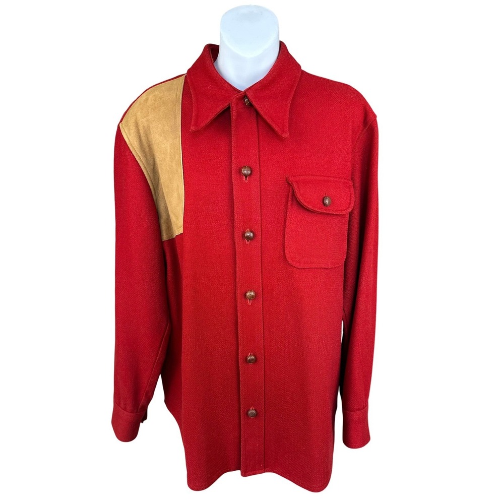 Ralph Lauren‎ CHAPS VTGE Red Wool Hunting Shacket Suede Elbow Patches SZ44R RARE
